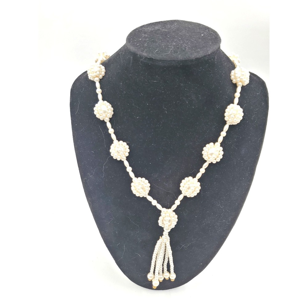 Vintage White Faux Seed Pearl Wrapped Ball Beads 34" Tassel Necklace
